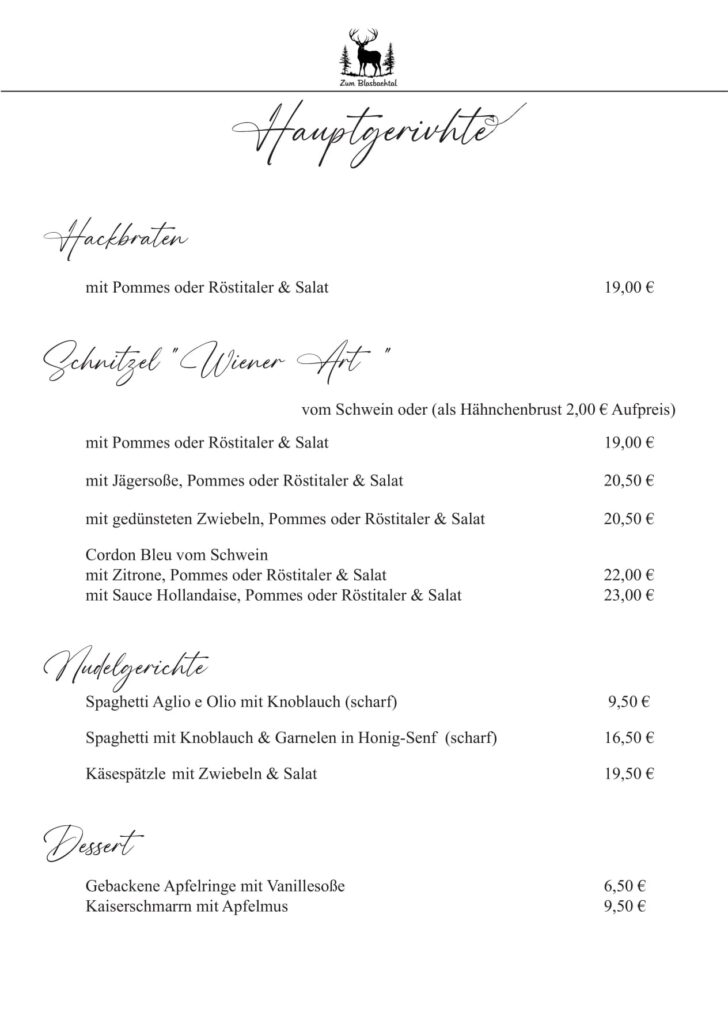 Speisekarte der Gaststätte Zum Blasbachtal mit Hauptgerichten, Schnitzeln, Nudelgerichten, Dessert und Preisen